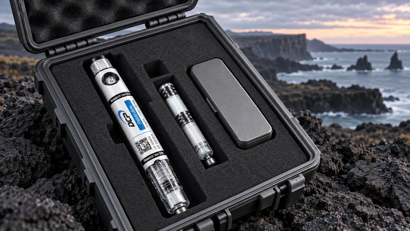 Dual Chamber Peptides — Fiktive redaktionelle Szene; keine Empfehlung zur Lagerung im Freien und kein validiertes Versandsystem.
