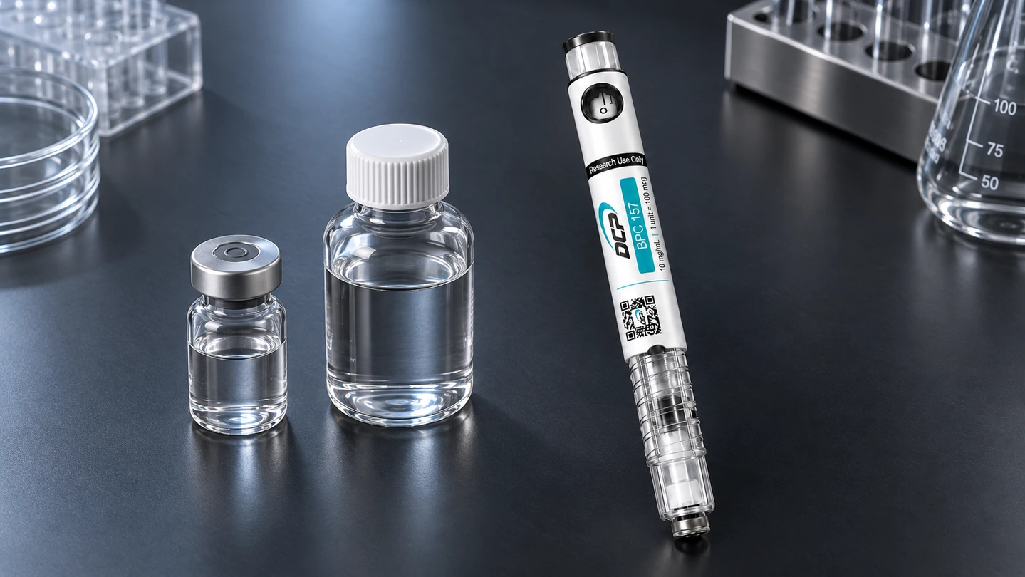 Ein „Dual Chamber Peptides“-Pen neben einem konventionellen Fläschchen, einer Lösungsmittelflasche und verpackter Laborausrüstung